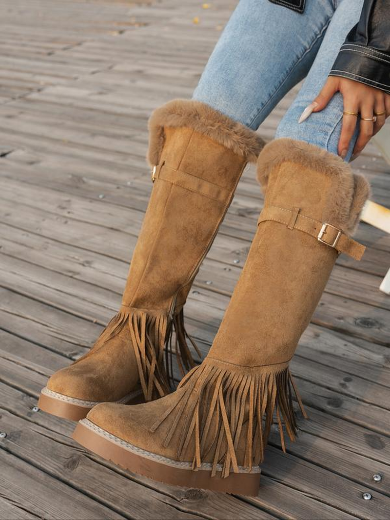 Women'S plus Size Western Style Fleece Lined Warm Snow Boots, Ankle High Zipper & Buckle Design, Casual Winter Footwear