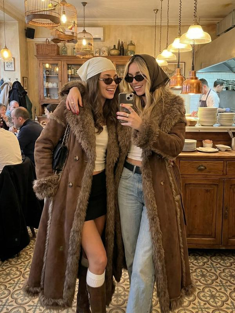 Women'S Faux Fur Coat, Autumn Winter Fashionable Long Sleeve Jacket, Elegant Thick Retro Loose Fit Medium-Length Outerwear