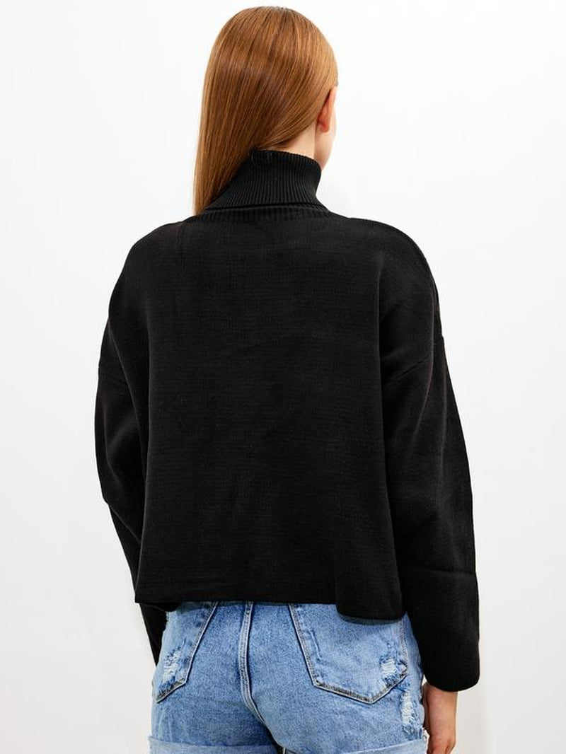 Women'S Cropped Oversized Turtleneck Sweater Solid Color Turtleneck Cropped Oversize Sweater Striped