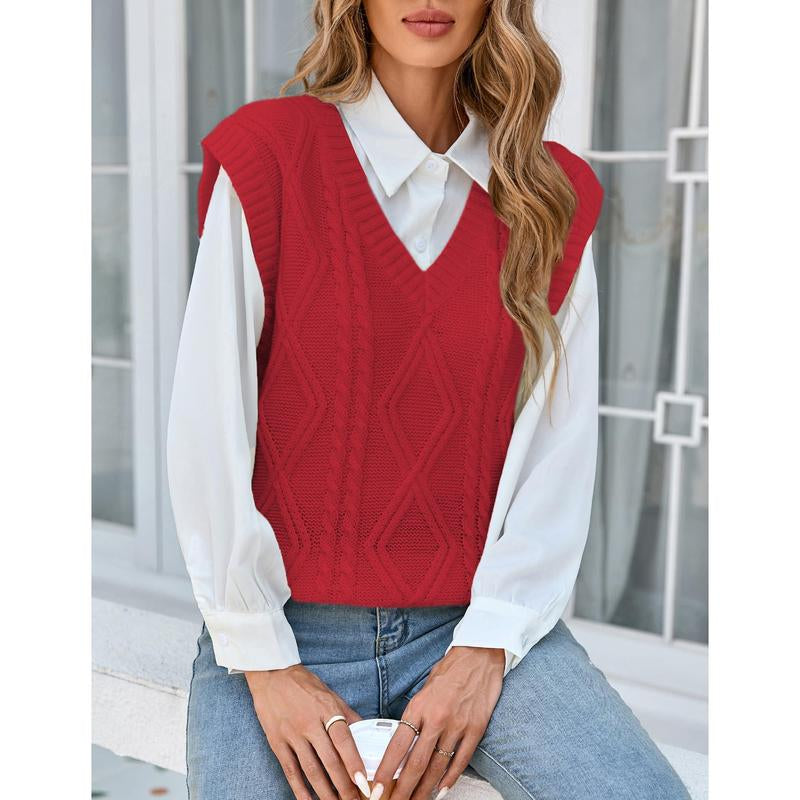 Breathsunny Women'S V Neck Knit Sweater Vest Fall Houndstooth Sleeveless Pullover Crop Knitwear Preppy Style Tank Tops 2024
