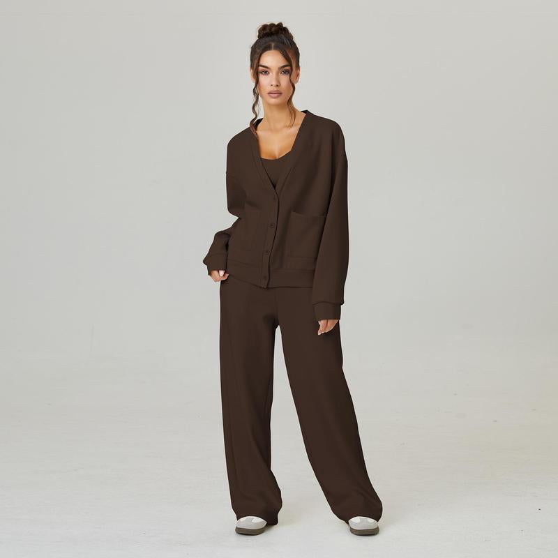 Katchme&Aerkyn Women'S Slouchy Solid Color V Neck Long Sleeve Button Cardigan & Drawstring Waist Trousers Co-Ord, Soft Two Piece Outfits for Fall & Winter(Cn)