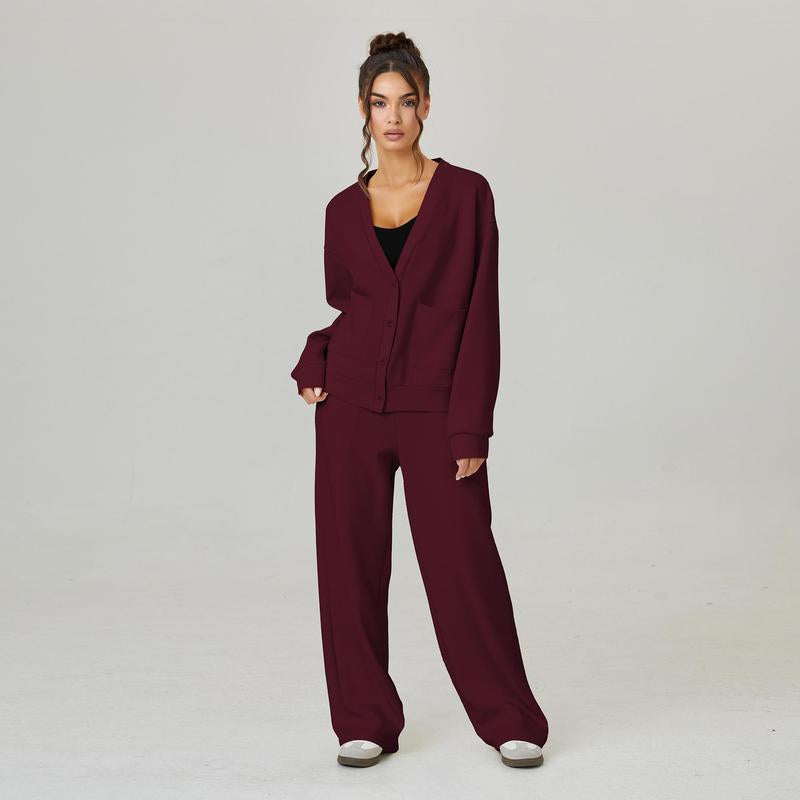 Katchme&Aerkyn Women'S Slouchy Solid Color V Neck Long Sleeve Button Cardigan & Drawstring Waist Trousers Co-Ord, Soft Two Piece Outfits for Fall & Winter(Cn)