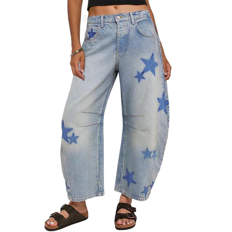 CHARTOU Y2K Barrel Jeans Women Wide Leg Baggy Distressed Printed Boyfriend Horseshoe Denim Pants