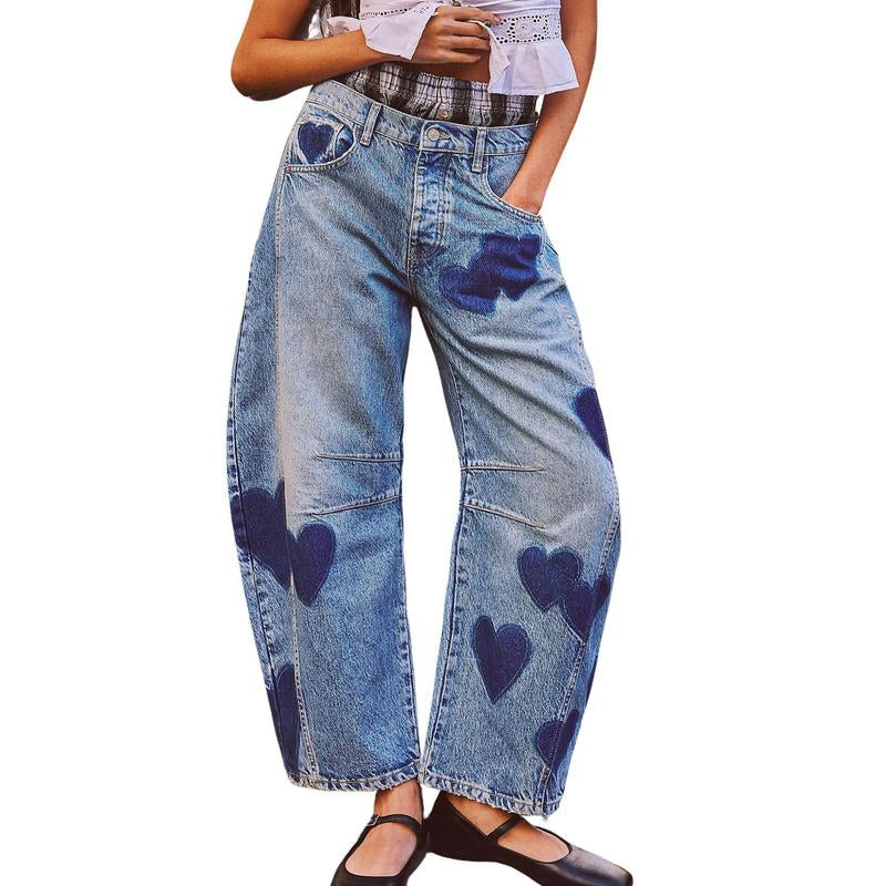 CHARTOU Y2K Barrel Jeans Women Wide Leg Baggy Distressed Printed Boyfriend Horseshoe Denim Pants