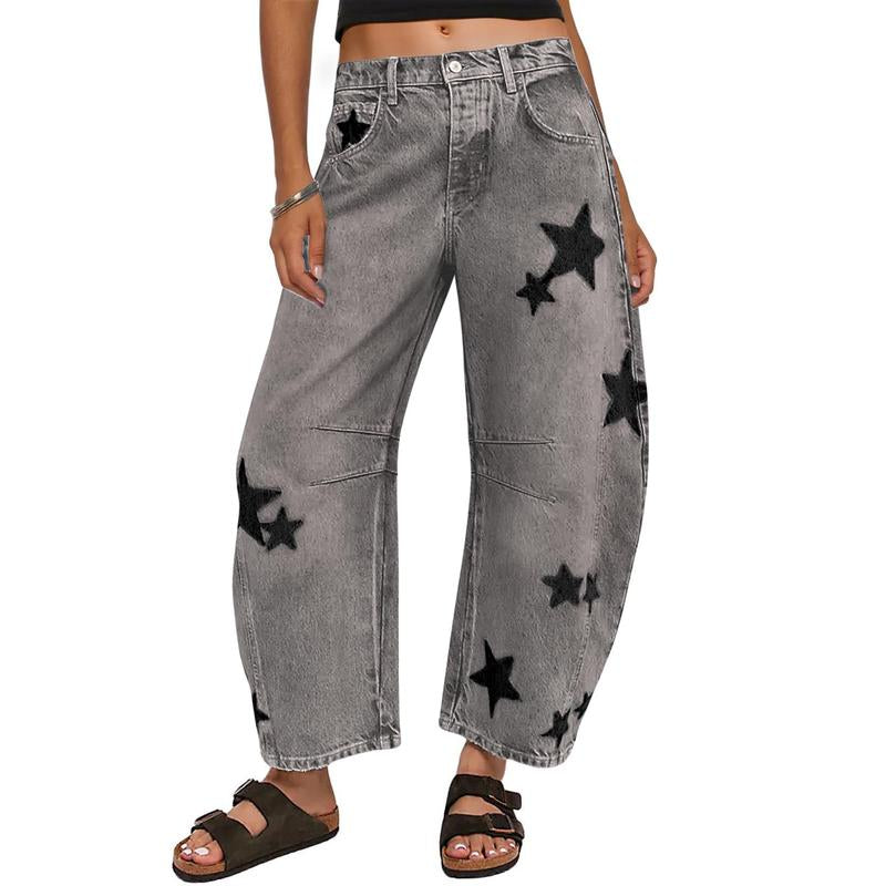 CHARTOU Y2K Barrel Jeans Women Wide Leg Baggy Distressed Printed Boyfriend Horseshoe Denim Pants