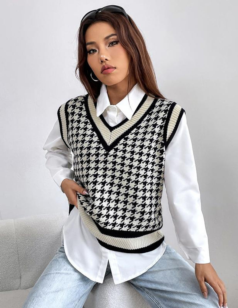 Breathsunny Women'S V Neck Knit Sweater Vest Fall Houndstooth Sleeveless Pullover Crop Knitwear Preppy Style Tank Tops 2024