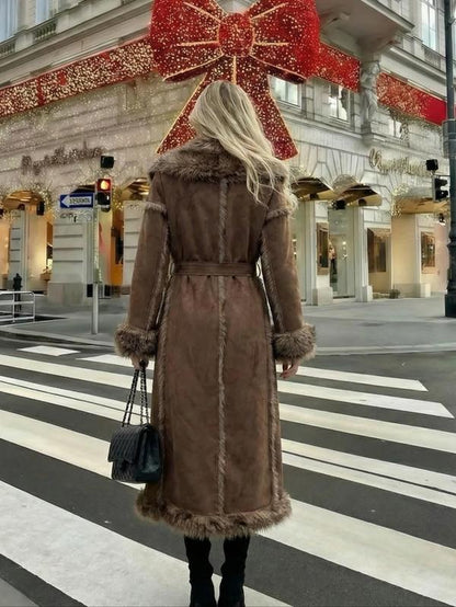 Women'S Faux Fur Coat, Autumn Winter Fashionable Long Sleeve Jacket, Elegant Thick Retro Loose Fit Medium-Length Outerwear