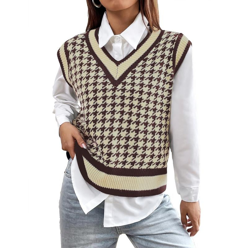 Breathsunny Women'S V Neck Knit Sweater Vest Fall Houndstooth Sleeveless Pullover Crop Knitwear Preppy Style Tank Tops 2024