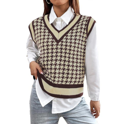 Breathsunny Women'S V Neck Knit Sweater Vest Fall Houndstooth Sleeveless Pullover Crop Knitwear Preppy Style Tank Tops 2024