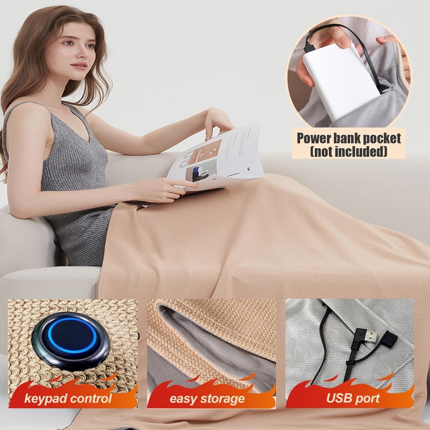 Heated Shawl Wraps for Women,Portable Heated Shawl,Portable USB Hooded Heated Blanket Shawl,Soft Zipper Shaw-L Wraps for Women with 3 Heating Levels for Outdoor, Home