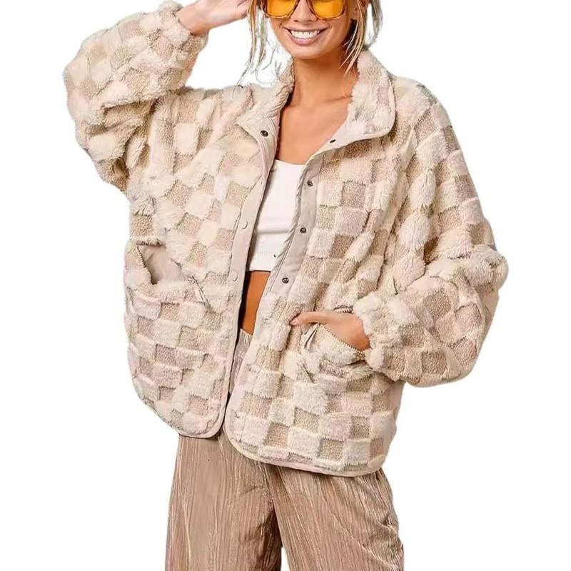 Chouyatou Women'S Winter Casual Contrast Plaid Sherpa Jacket Loose Plush Oversized Faux Fur Coat