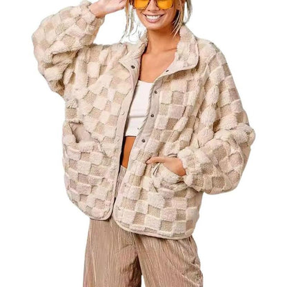 Chouyatou Women'S Winter Casual Contrast Plaid Sherpa Jacket Loose Plush Oversized Faux Fur Coat