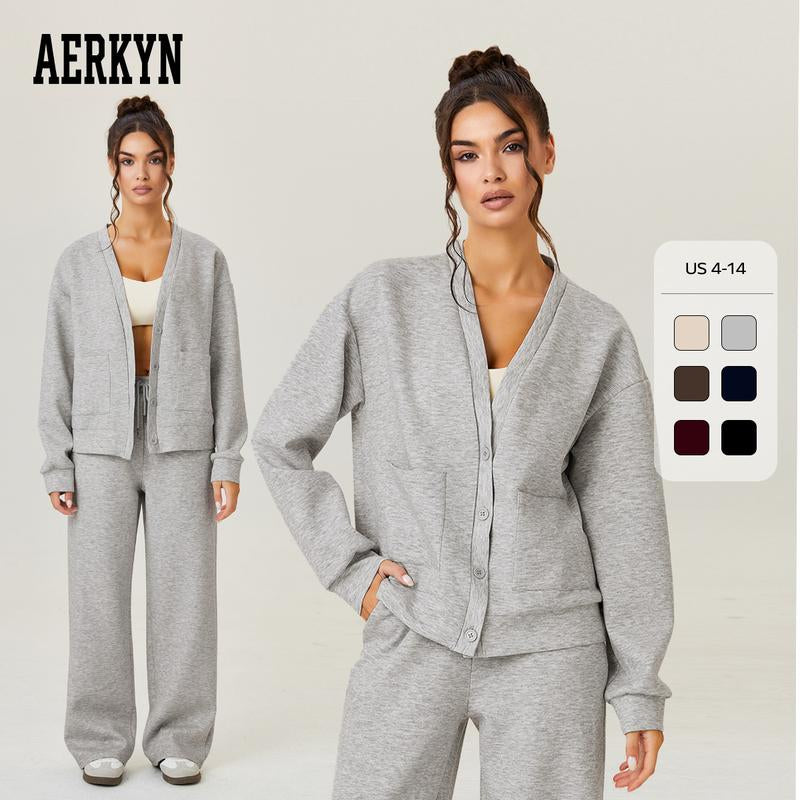 Katchme&Aerkyn Women'S Slouchy Solid Color V Neck Long Sleeve Button Cardigan & Drawstring Waist Trousers Co-Ord, Soft Two Piece Outfits for Fall & Winter(Cn)