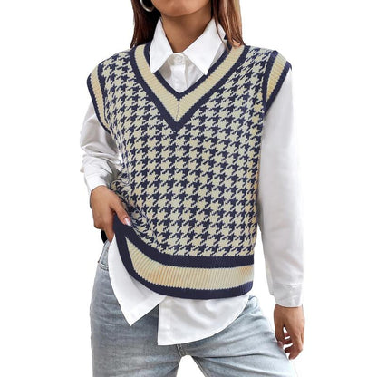 Breathsunny Women'S V Neck Knit Sweater Vest Fall Houndstooth Sleeveless Pullover Crop Knitwear Preppy Style Tank Tops 2024
