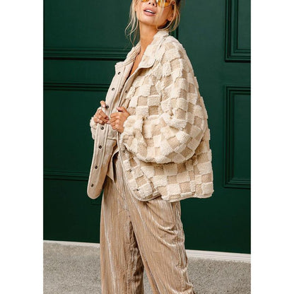 Chouyatou Women'S Winter Casual Contrast Plaid Sherpa Jacket Loose Plush Oversized Faux Fur Coat