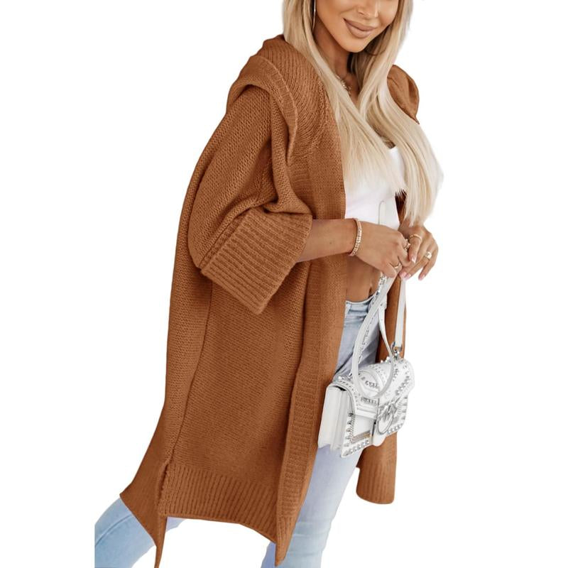 Womens Long Cardigans Batwing Sleeve Oversized Cable Knitted Open Front Chunky Hooded Outerwear Sweater Coat