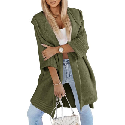 Womens Long Cardigans Batwing Sleeve Oversized Cable Knitted Open Front Chunky Hooded Outerwear Sweater Coat