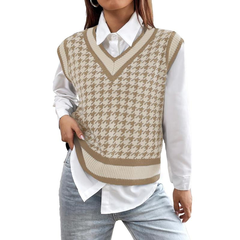 Breathsunny Women'S V Neck Knit Sweater Vest Fall Houndstooth Sleeveless Pullover Crop Knitwear Preppy Style Tank Tops 2024