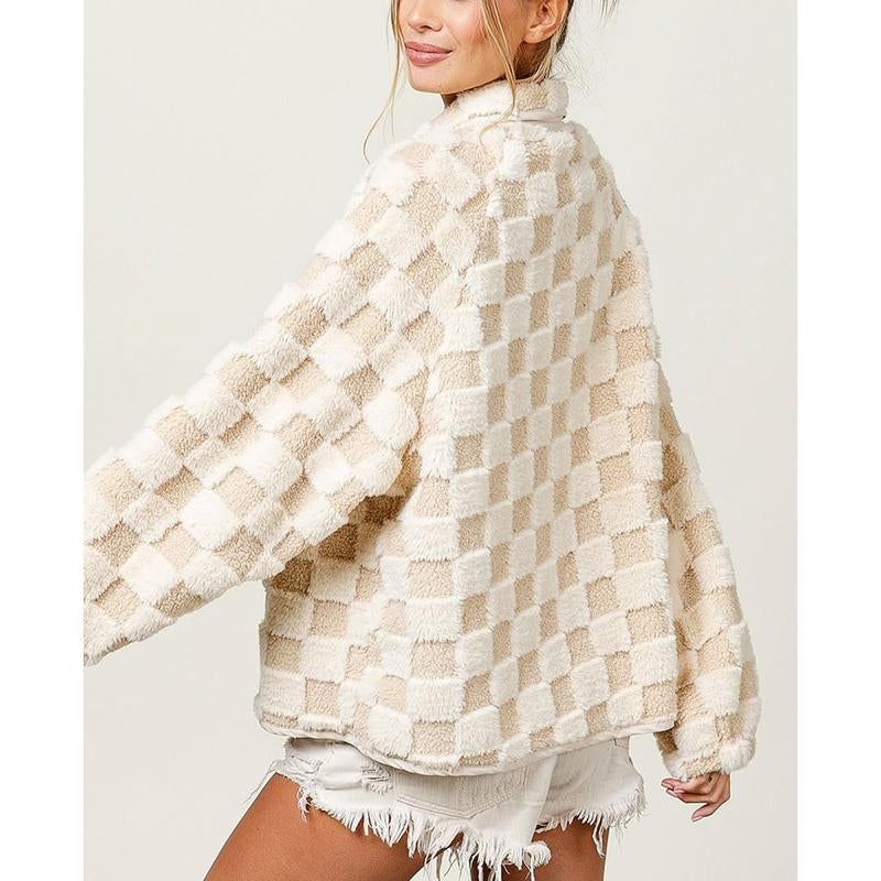 Chouyatou Women'S Winter Casual Contrast Plaid Sherpa Jacket Loose Plush Oversized Faux Fur Coat