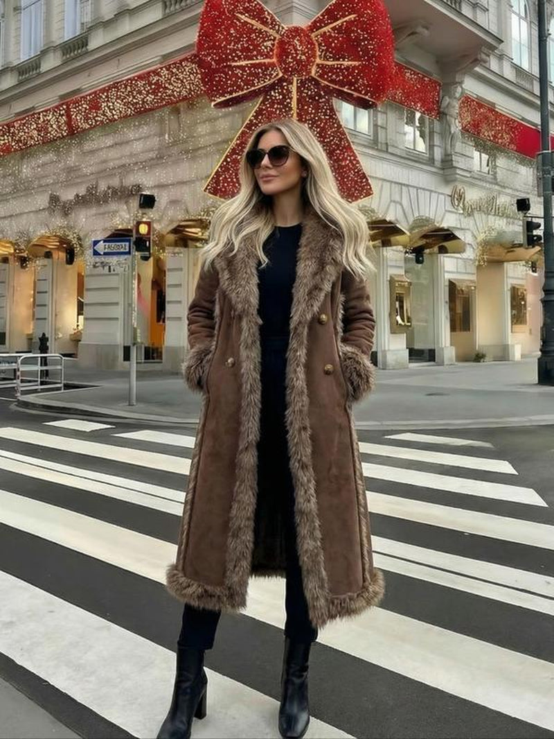 Women'S Faux Fur Coat, Autumn Winter Fashionable Long Sleeve Jacket, Elegant Thick Retro Loose Fit Medium-Length Outerwear