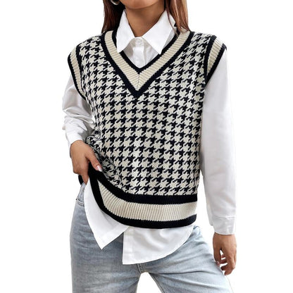 Breathsunny Women'S V Neck Knit Sweater Vest Fall Houndstooth Sleeveless Pullover Crop Knitwear Preppy Style Tank Tops 2024