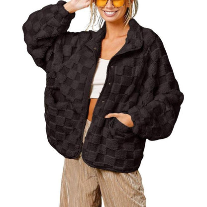 Chouyatou Women'S Winter Casual Contrast Plaid Sherpa Jacket Loose Plush Oversized Faux Fur Coat