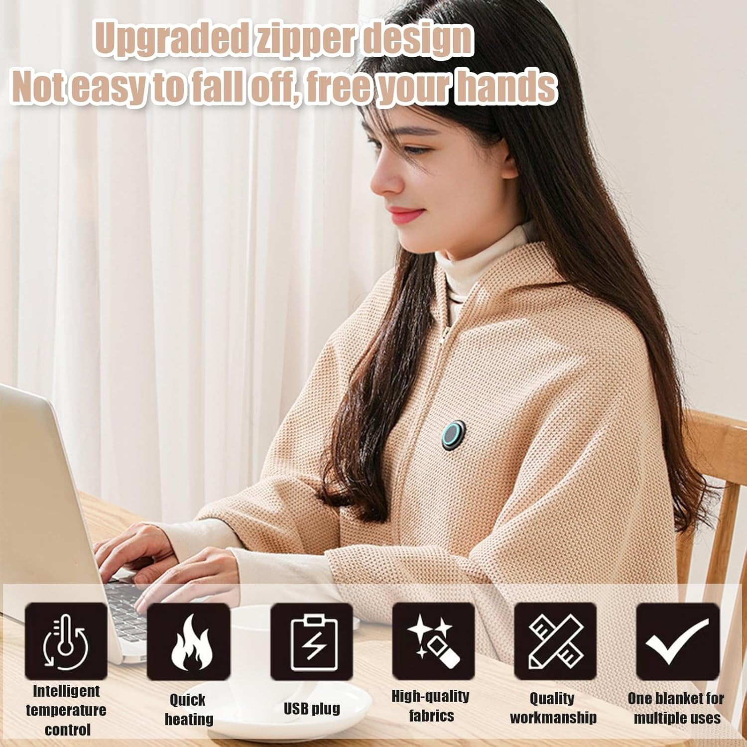 Heated Shawl Wraps for Women,Portable Heated Shawl,Portable USB Hooded Heated Blanket Shawl,Soft Zipper Shaw-L Wraps for Women with 3 Heating Levels for Outdoor, Home